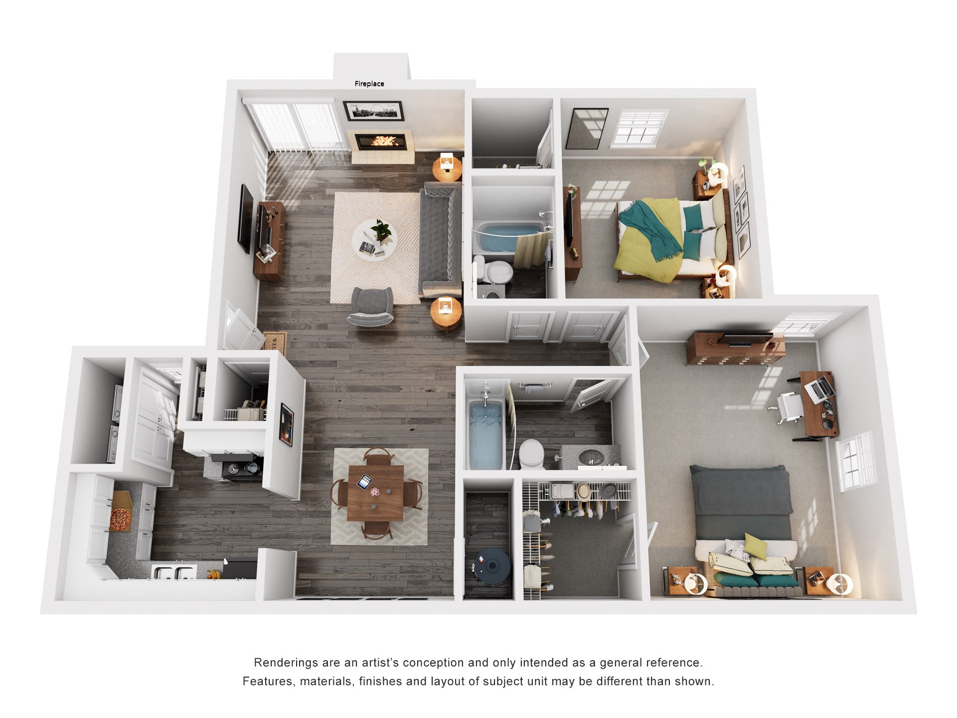 Floor plan for 2 beds, 2 baths, 1074 sqft